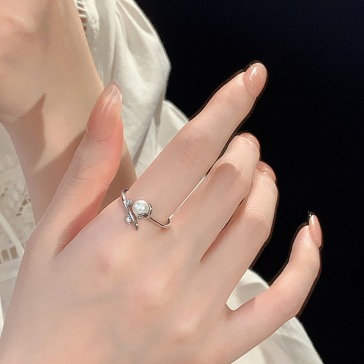 S925 sterling silver imitation pearl ring - silvery