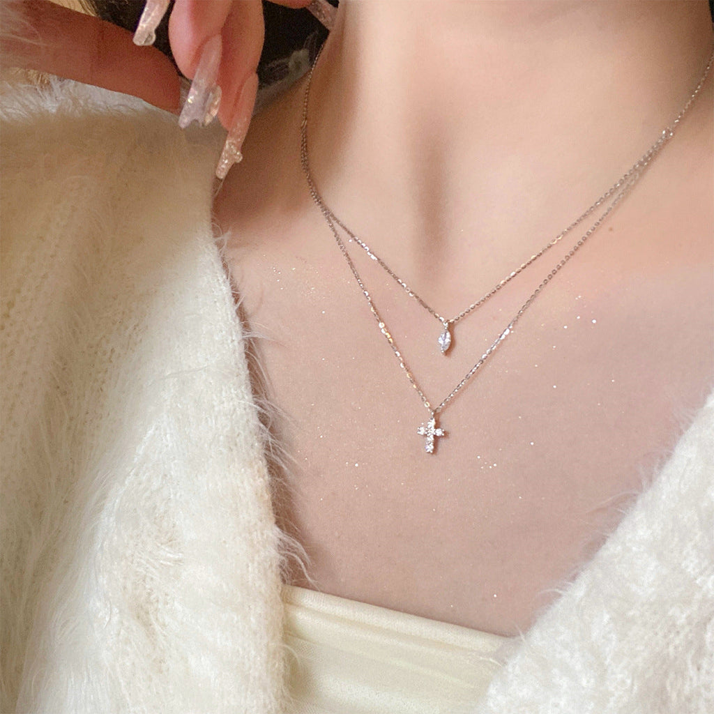 925 sterling silver cross double layered necklace
