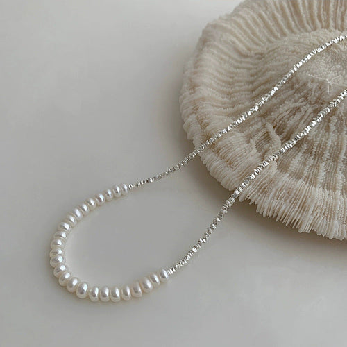 925 sterling silver broken silver freshwater pearl bead necklace - silvery