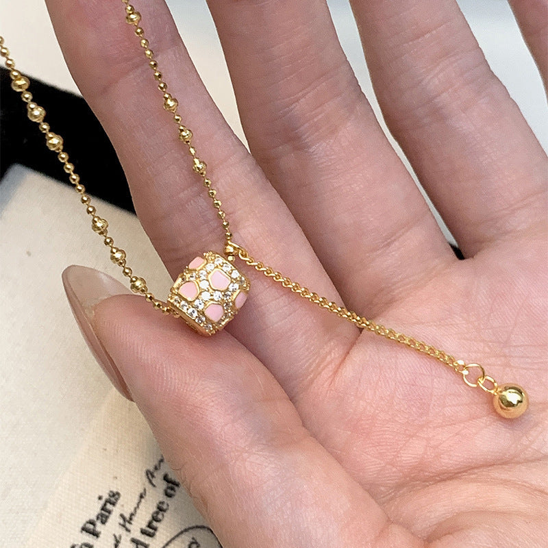 S925 pure silver inlaid zircon necklace, vintage exquisite pink drip oil craft collarbone chain.