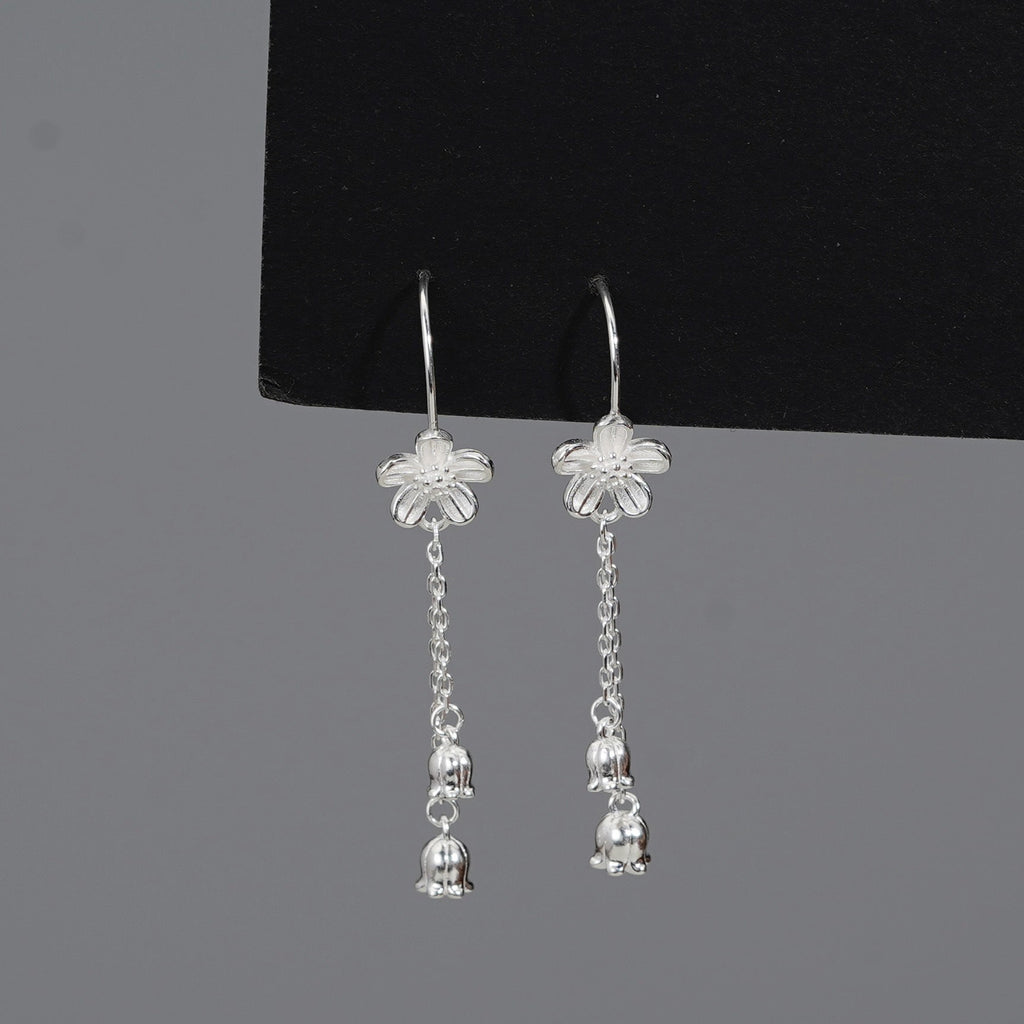 925 pure silver flower shaped long earrings - silvery