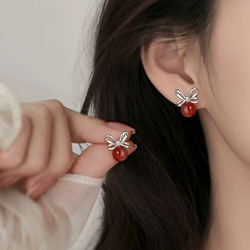S925 sterling silver red agate bowknot earrings