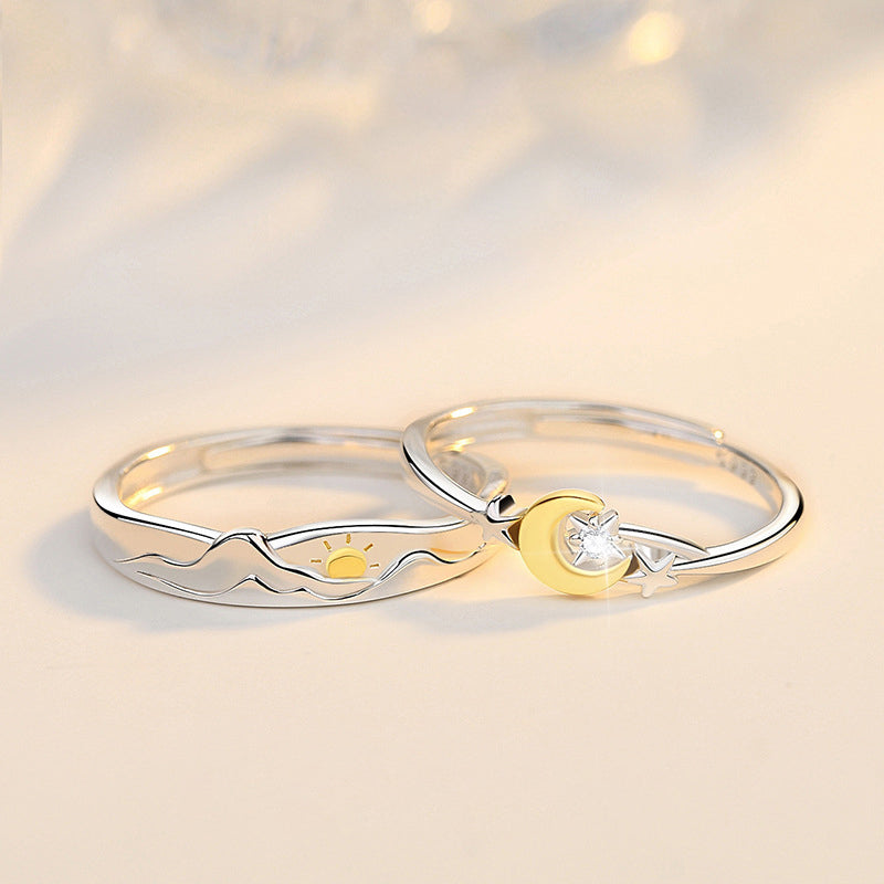999 Silver Sun Moon Star Couple Ring - Silvery