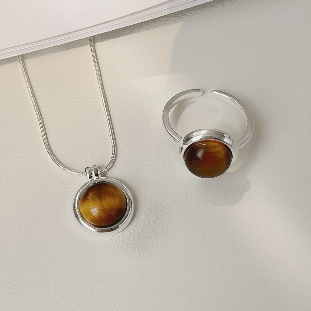 925 sterling silver tiger eye stone opening ring - silvery