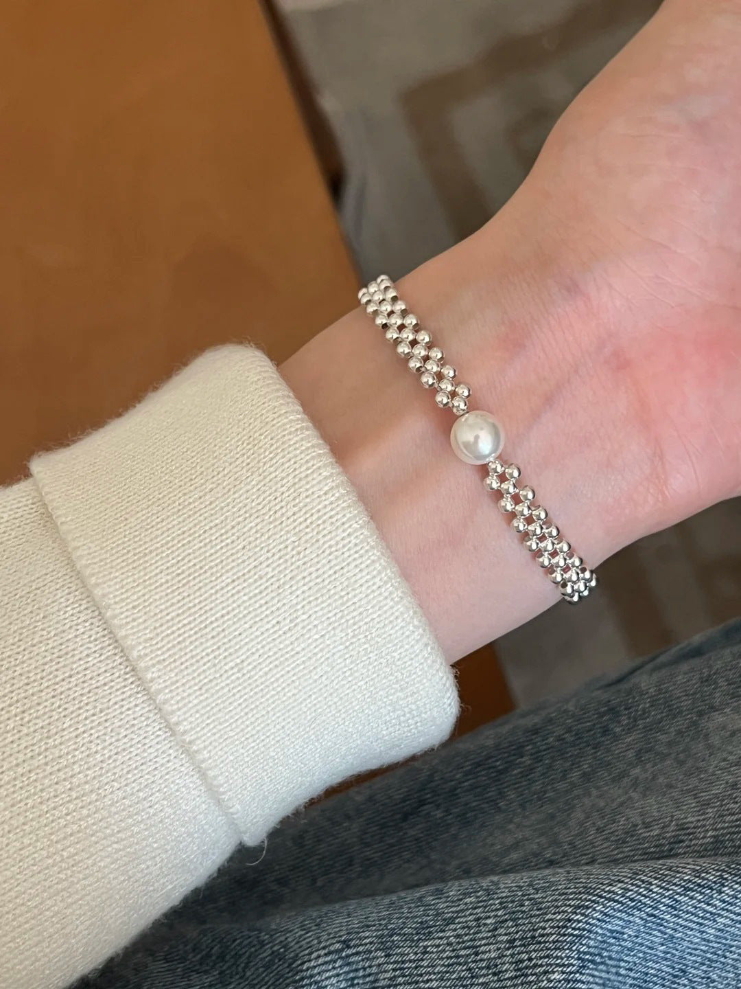 S925 sterling silver imitation pearl silver bead splicing chain bracelet