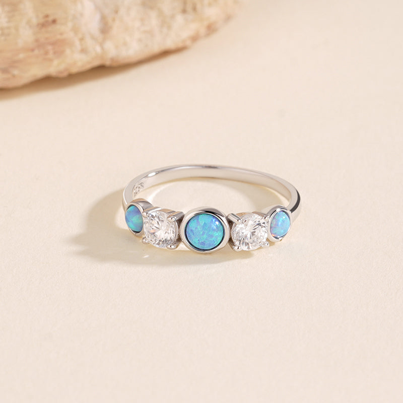 925 Sterling Silver Round Opal and Zircon Ring