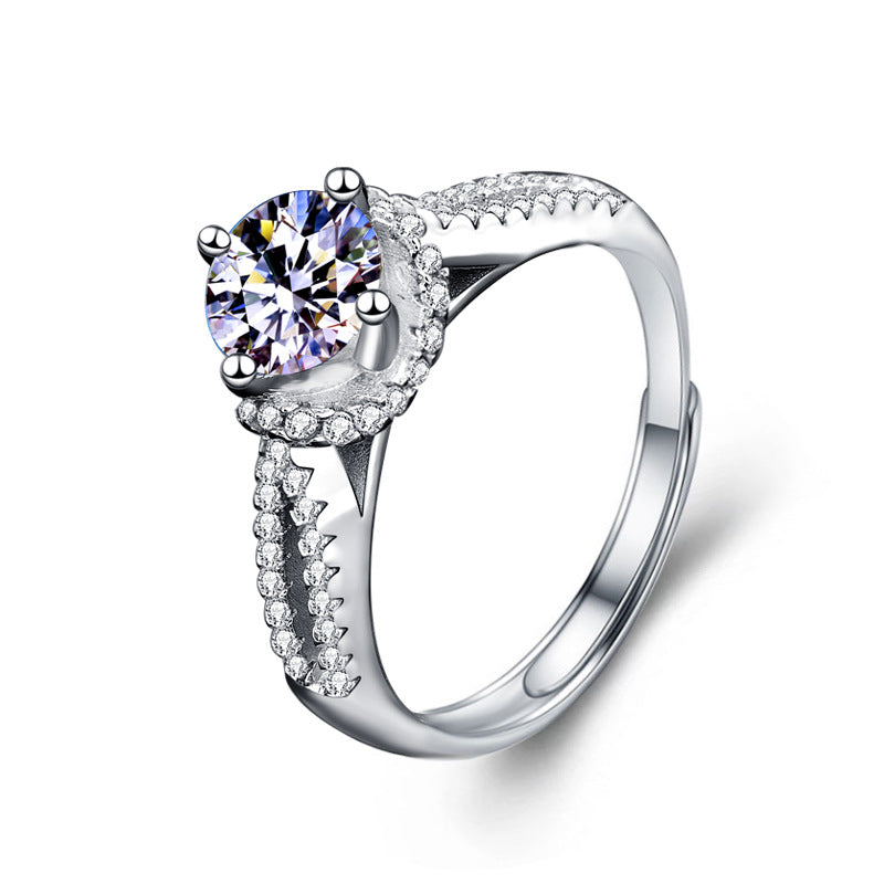 S925 Sterling Silver Double Row Hollow Out Moissanite Ring