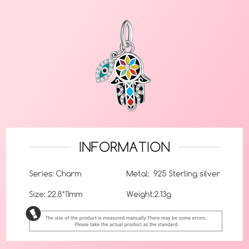 S925 Sterling Silver Hamsa Hand-Shaped Pendant with Diamonds, Epoxy Resin, Blue Eye Ethnic Style Jewelry