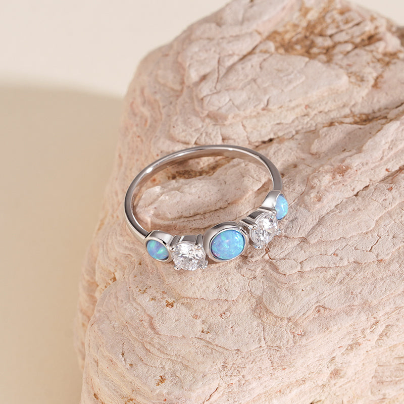 925 Sterling Silver Round Opal and Zircon Ring