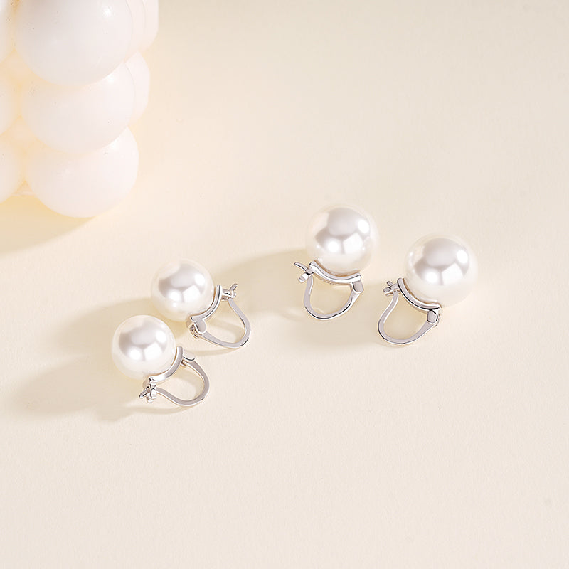 French-style sophisticated 14mm faux pearl S925 sterling silver hinged earrings