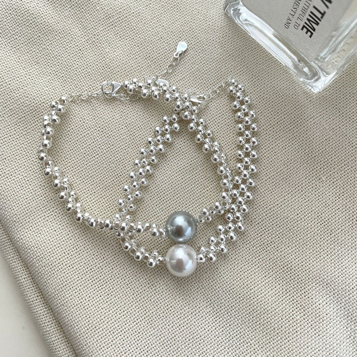 S925 sterling silver imitation pearl silver bead splicing chain bracelet