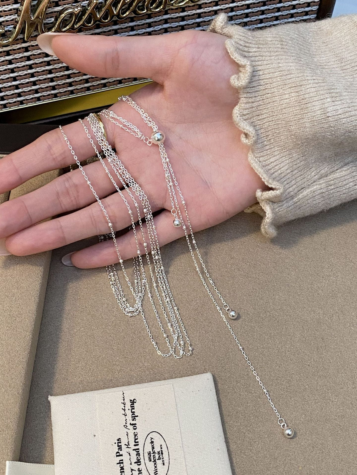 S925 sterling silver multi-layer tassel long necklace - silvery