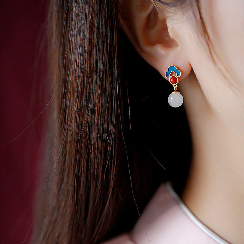 S925 Silver White Jade Pendant Earrings - Golden