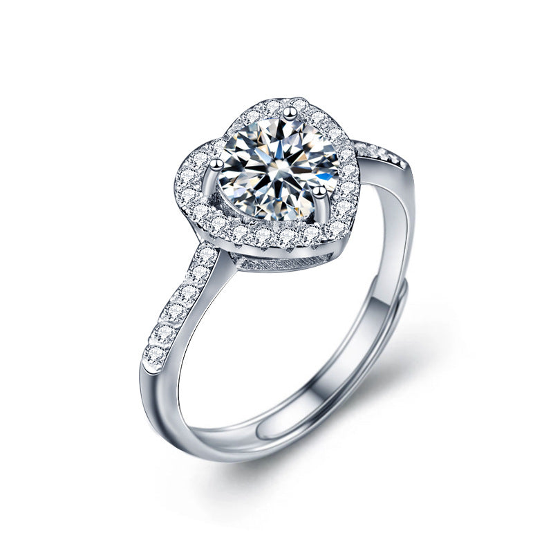 925 Sterling Silver Heart-Shaped Moissanite Open Ring