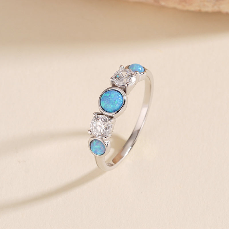925 Sterling Silver Round Opal and Zircon Ring