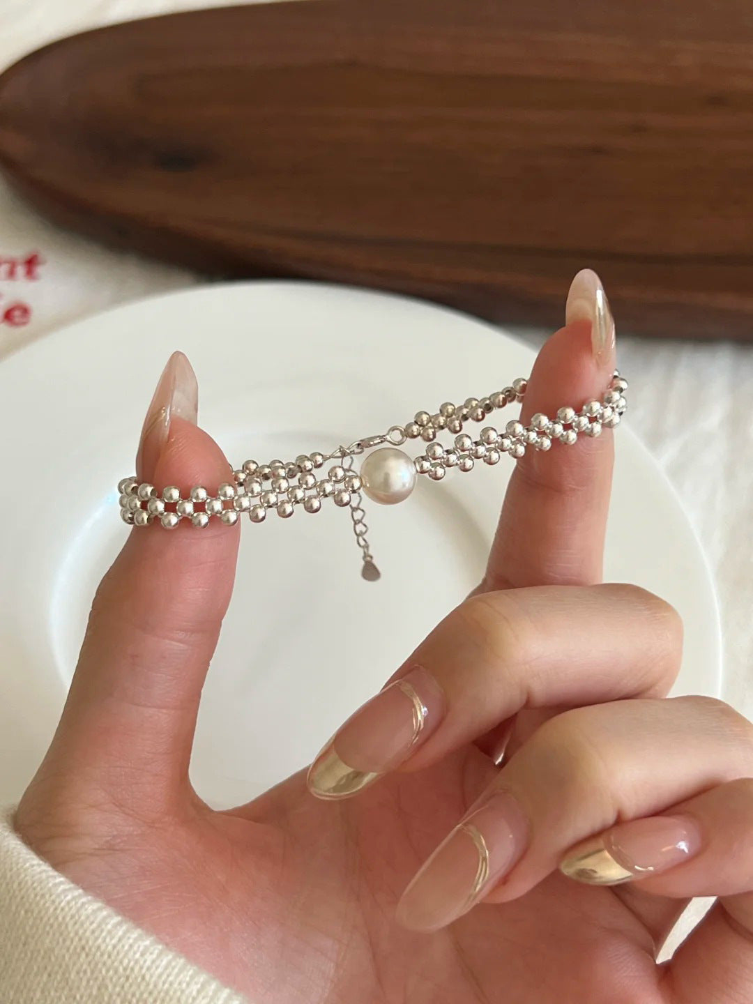 S925 sterling silver imitation pearl silver bead splicing chain bracelet