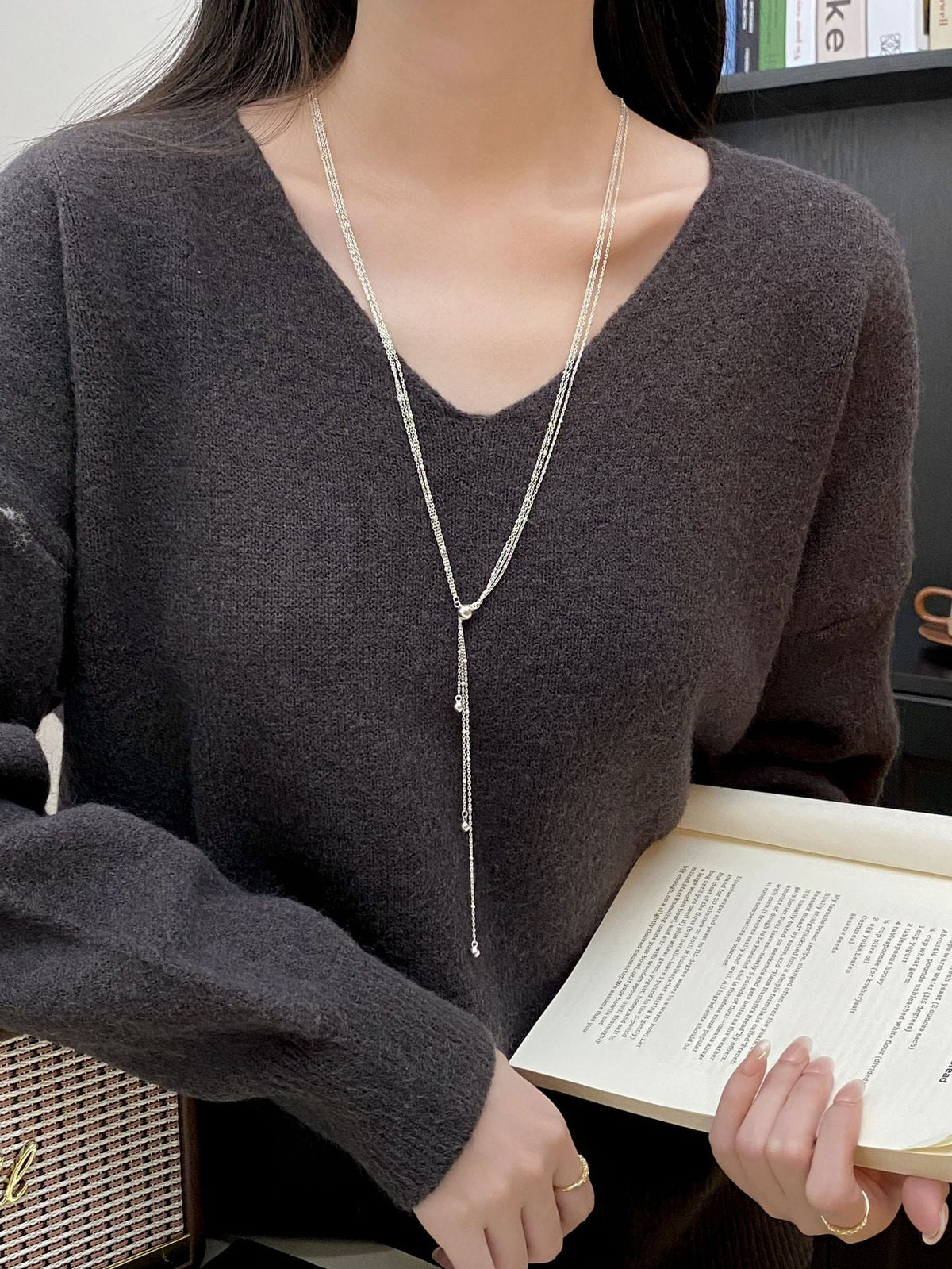 S925 sterling silver multi-layer tassel long necklace - silvery