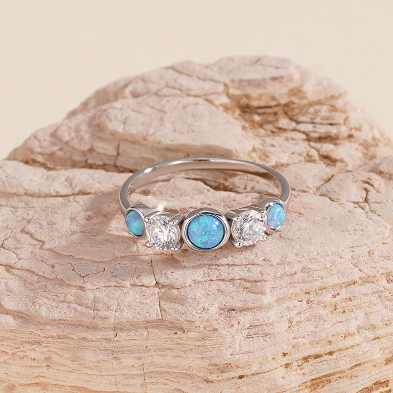 925 Sterling Silver Round Opal and Zircon Ring