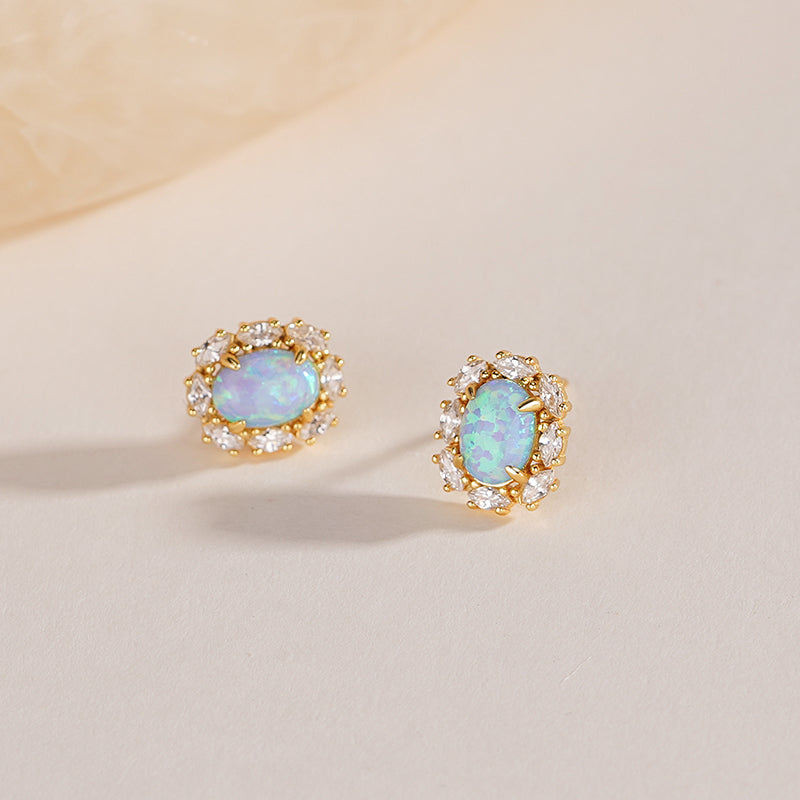 S925 Silver Light Blue Oval Cabochon Opal Huggie Earrings