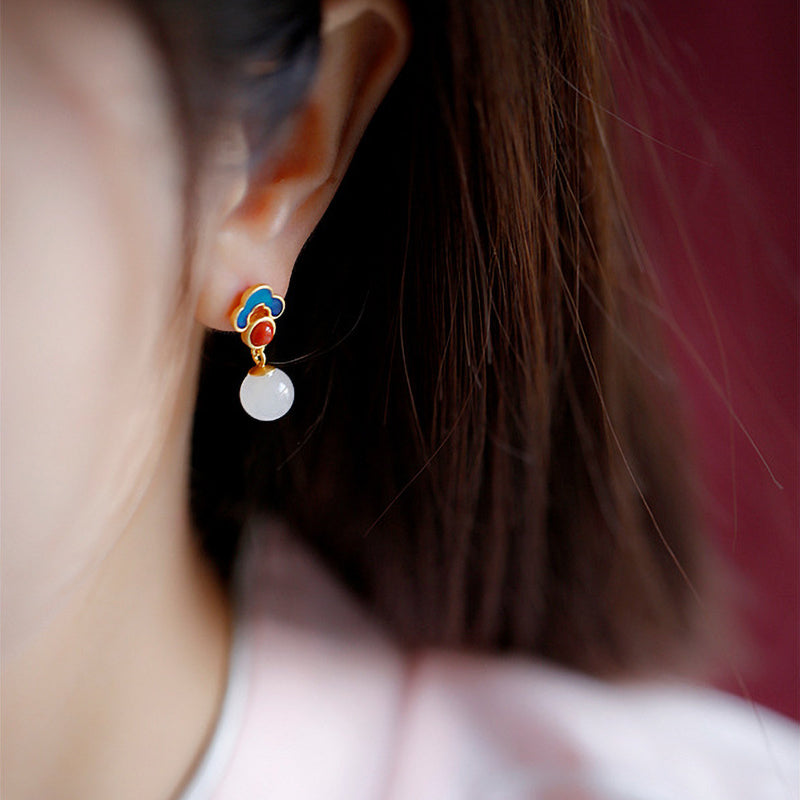 S925 Silver White Jade Pendant Earrings - Golden