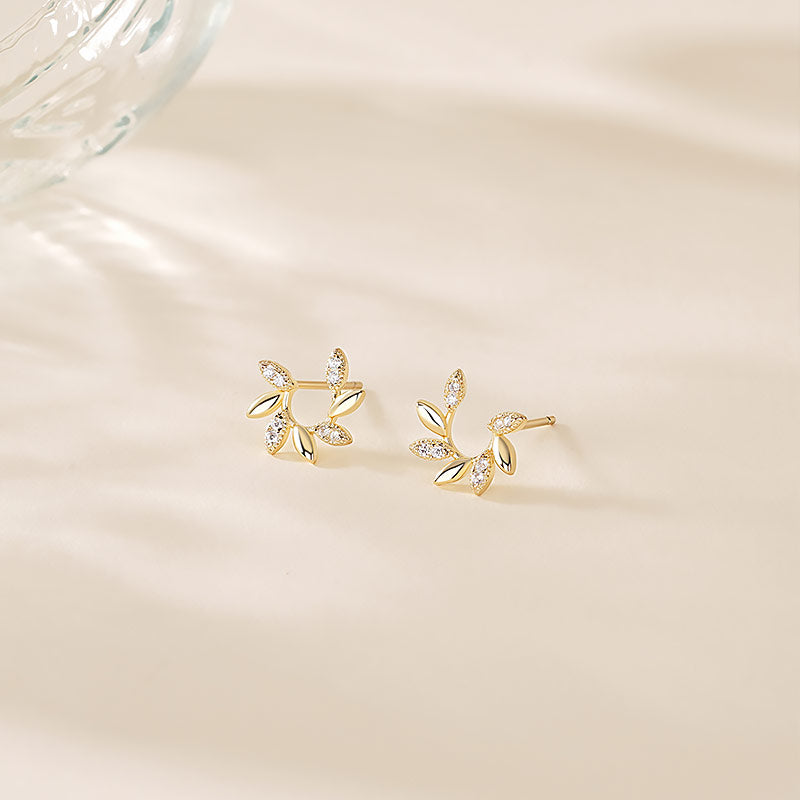 925 Sterling Silver Leaf Stud Earrings with Zirconia Inlay