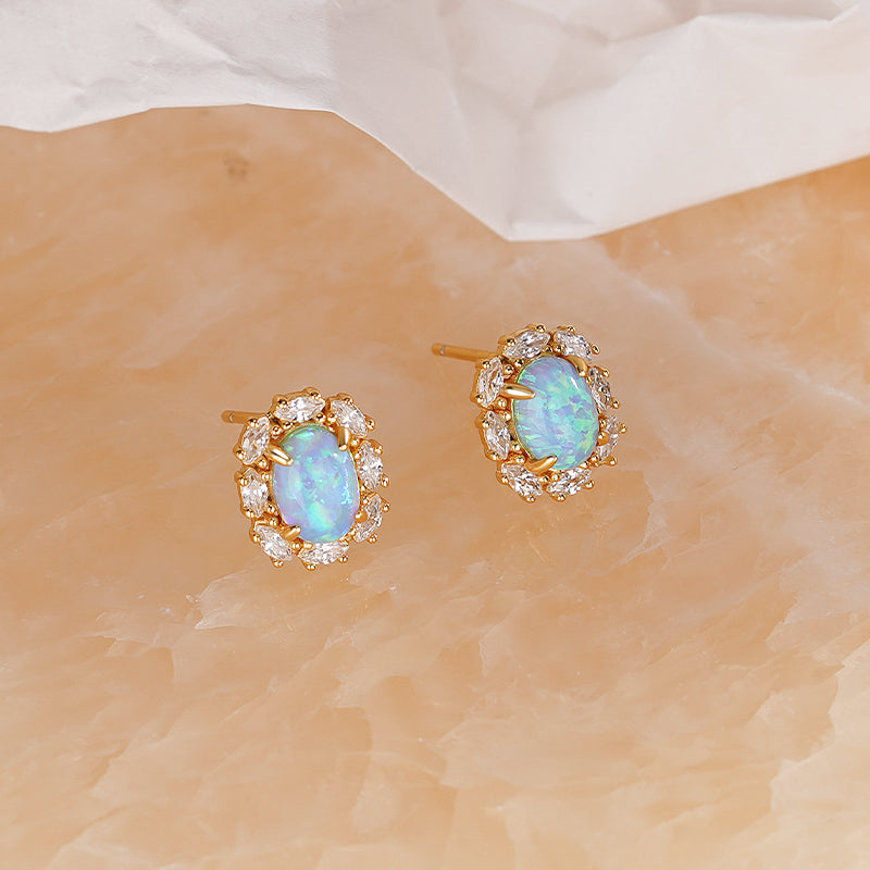 S925 Silver Light Blue Oval Cabochon Opal Huggie Earrings