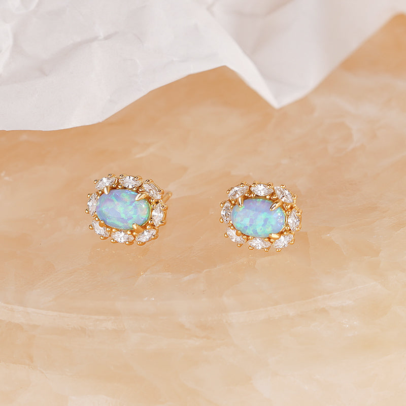 S925 Silver Light Blue Oval Cabochon Opal Huggie Earrings