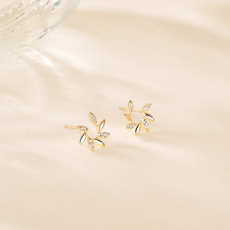 925 Sterling Silver Leaf Stud Earrings with Zirconia Inlay