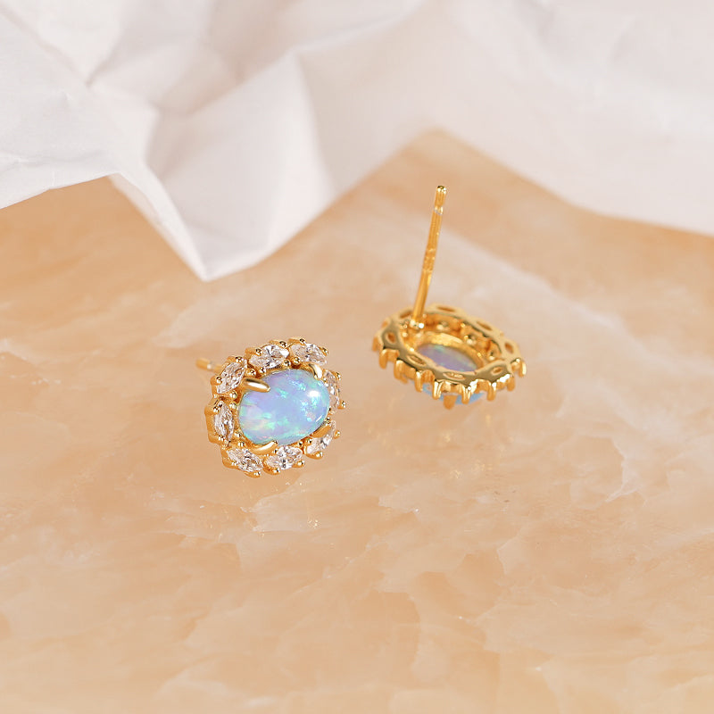 S925 Silver Light Blue Oval Cabochon Opal Huggie Earrings