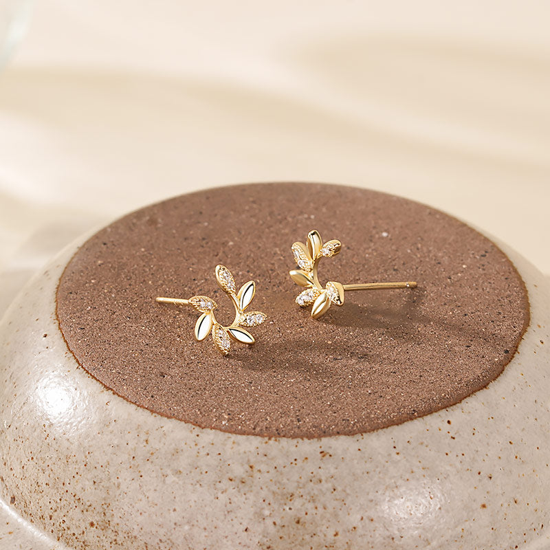 925 Sterling Silver Leaf Stud Earrings with Zirconia Inlay