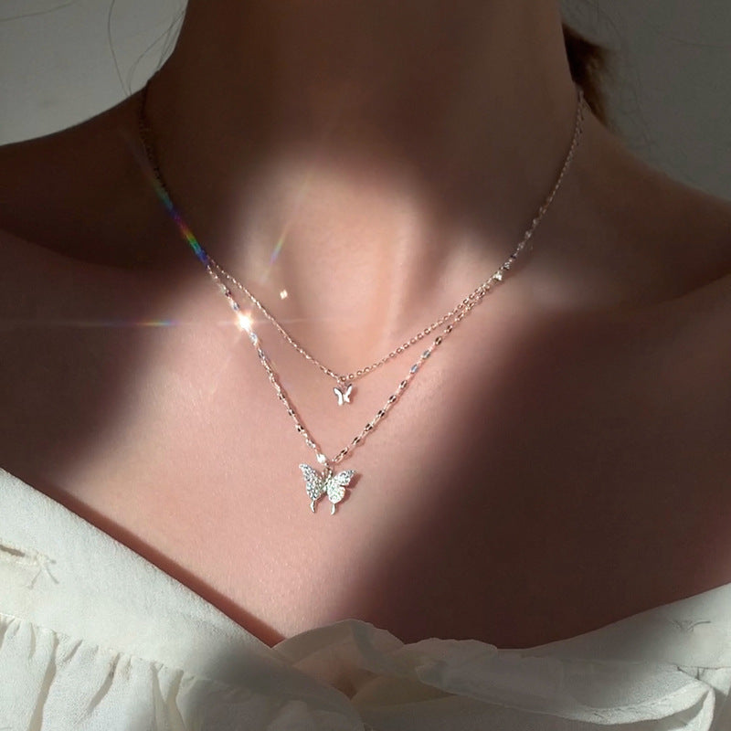 925 sterling silver butterfly double layered necklace