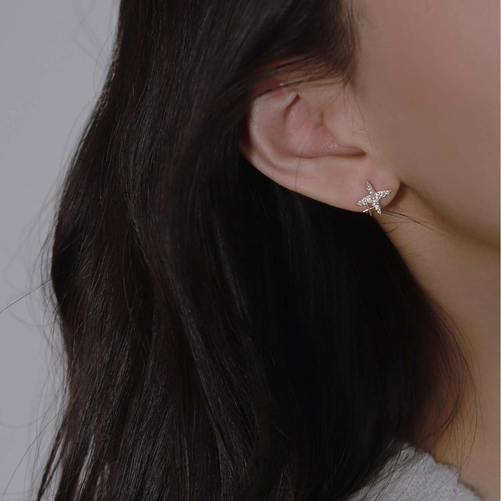 925 sterling silver four pointed star earrings - golden