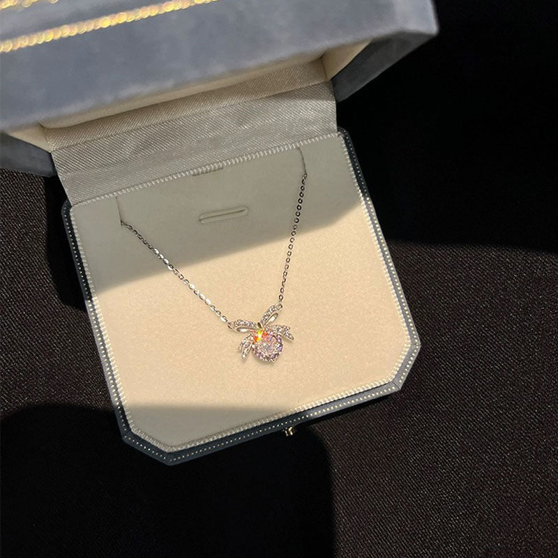 925 sterling silver bowknot with sparkling zirconium pendant necklace - silvery