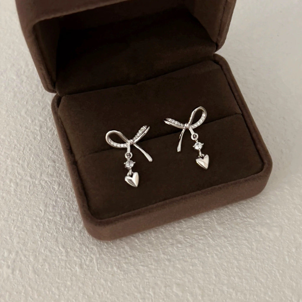 S925 sterling silver bow heart tassel earrings