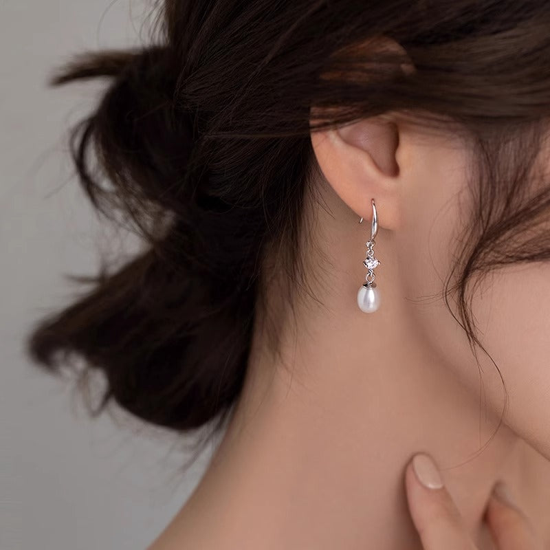 S925 sterling silver freshwater pearl long earrings - silvery