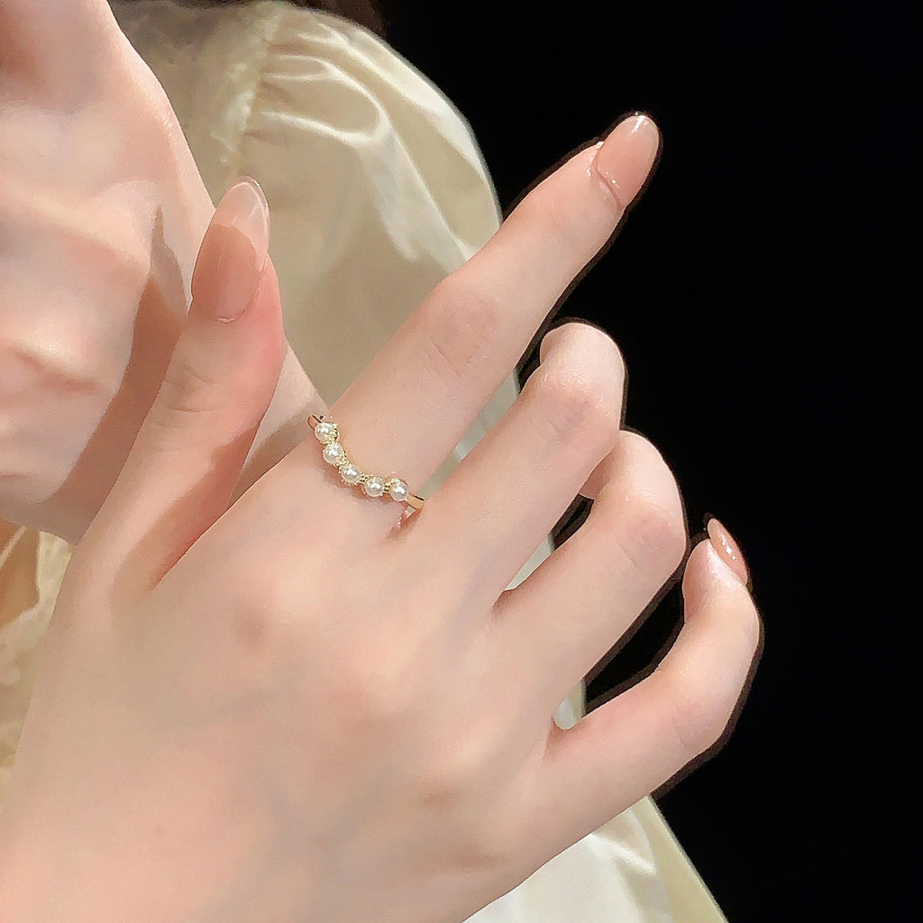 925 sterling silver imitation pearl opening ring - golden