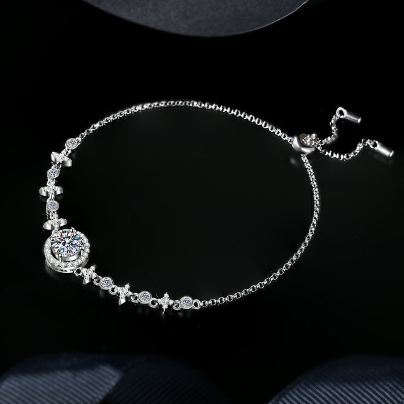 S925 Sterling Silver Moissanite "Star and Moon" Bracelet (Round Bezel Setting)