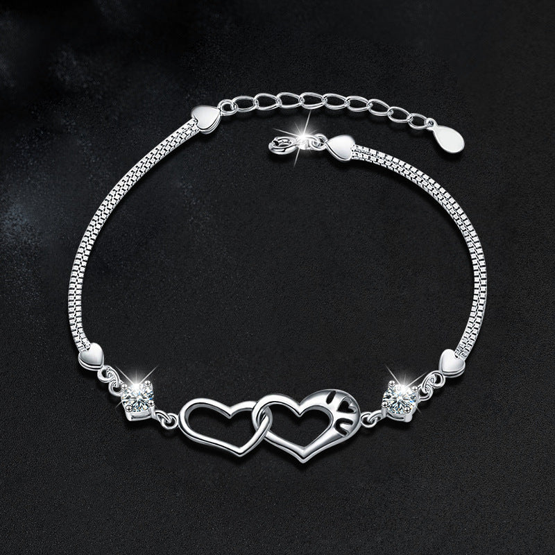 S925 Silver Moissanite Heart-Shaped Double-Ring Bracelet
