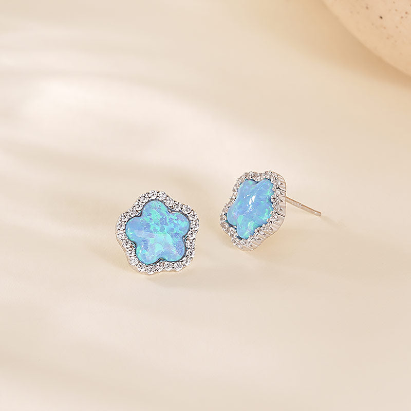 925 Sterling Silver Floral Stud Earrings with Opal and Zirconia