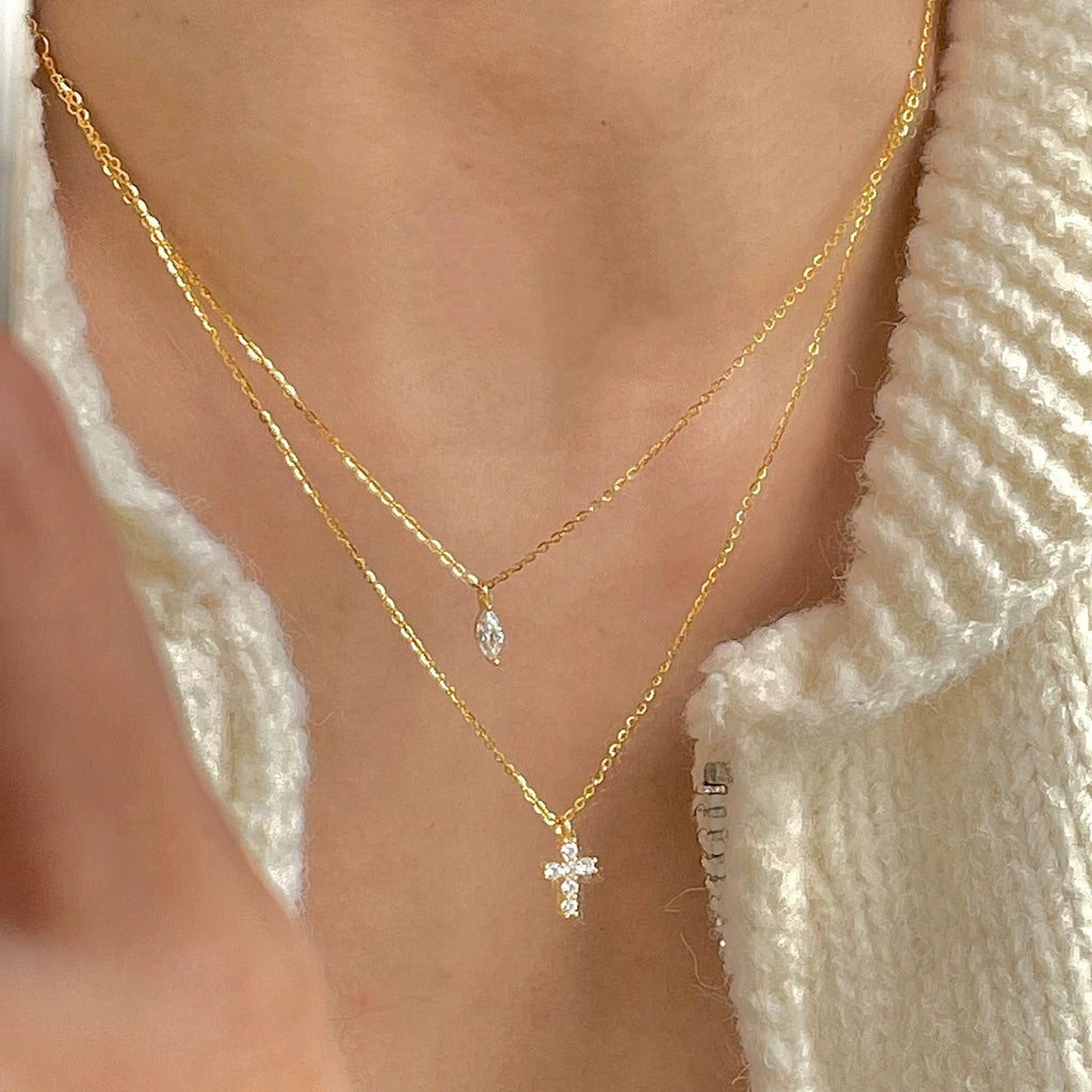 925 sterling silver cross double layered necklace