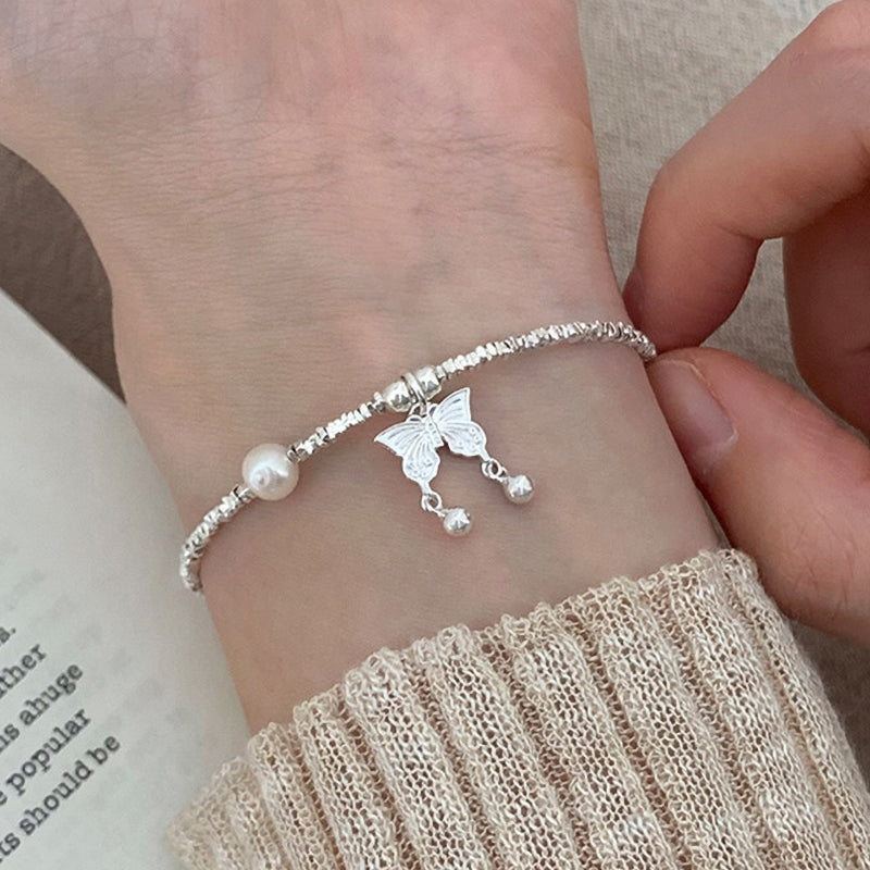 S925 Pure Silver Freshwater Pearl Butterfly Bracelet - Silvery