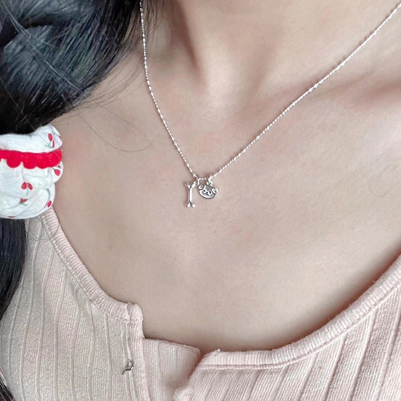 S925 sterling silver cute little dog bone pendant necklace