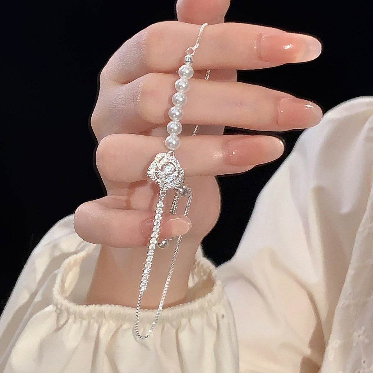 S925 sterling silver set zircon pearl asymmetrical bracelet - silver