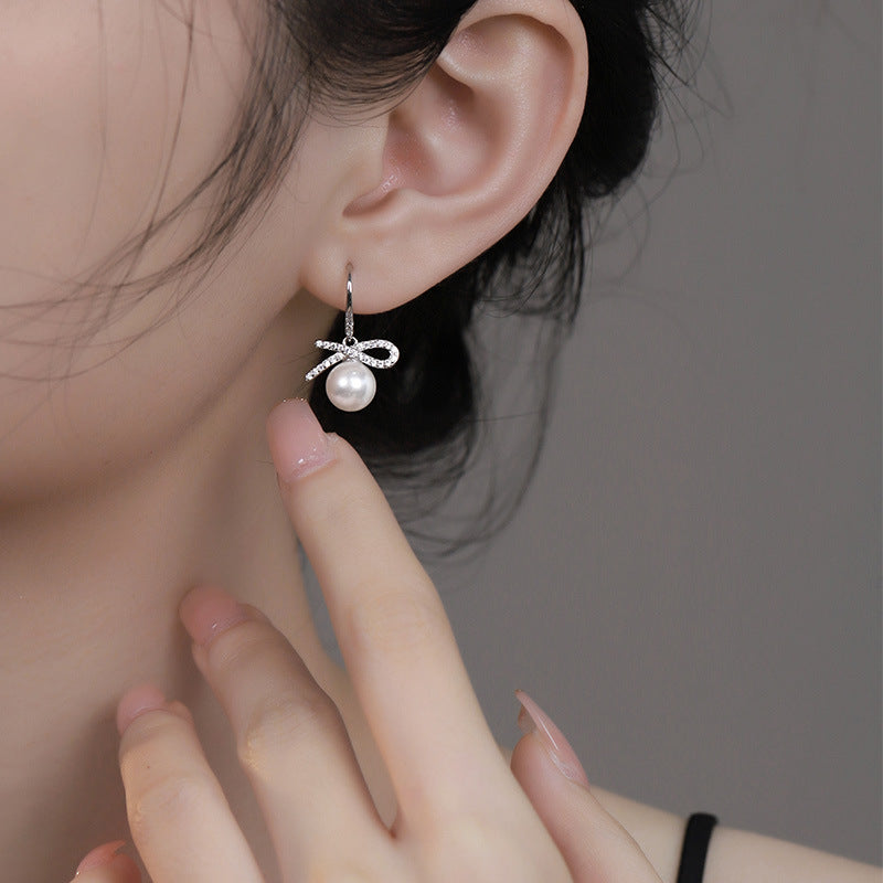 925 sterling silver bow imitation pearl pendant earrings