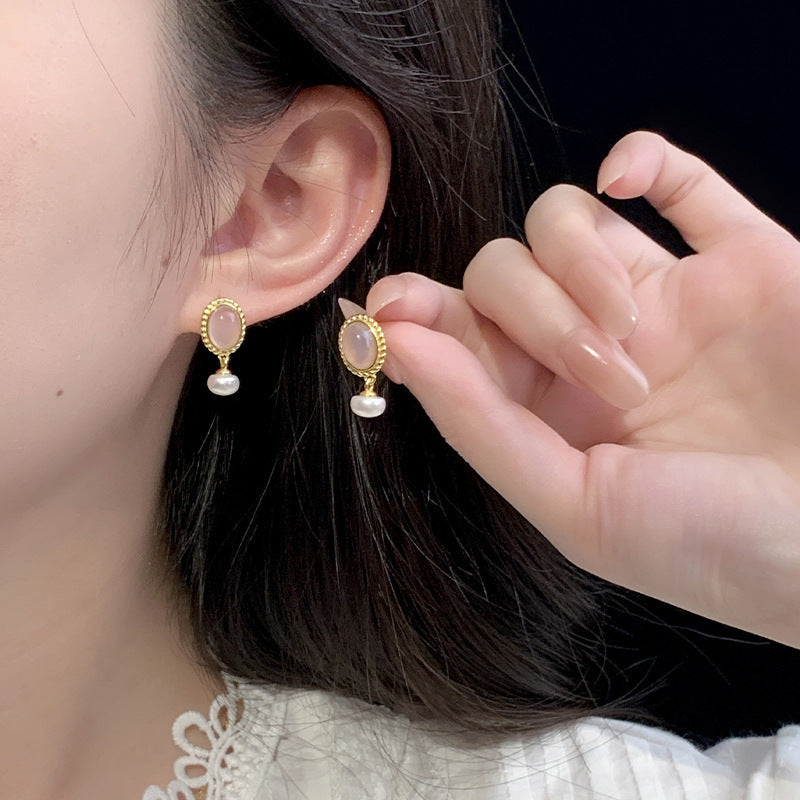 S925 pure silver natural chalcedony freshwater pearl earrings