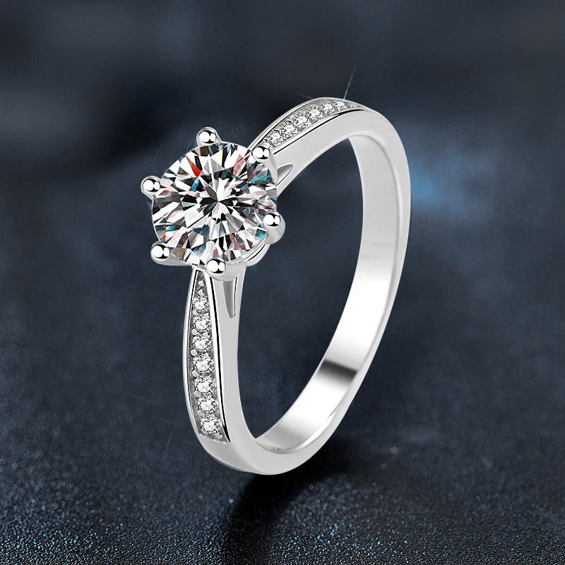 925 Sterling Silver Moissanite Six-Prong Diamond Ring
