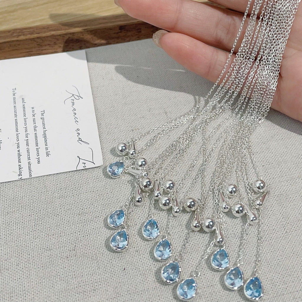 S925 Silver Blue Zirconia Water Drop Pendant Necklace - Silvery