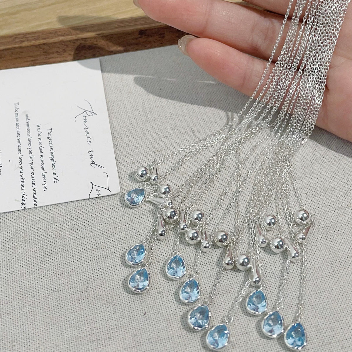S925 Silver Blue Zirconia Water Drop Pendant Necklace - Silvery