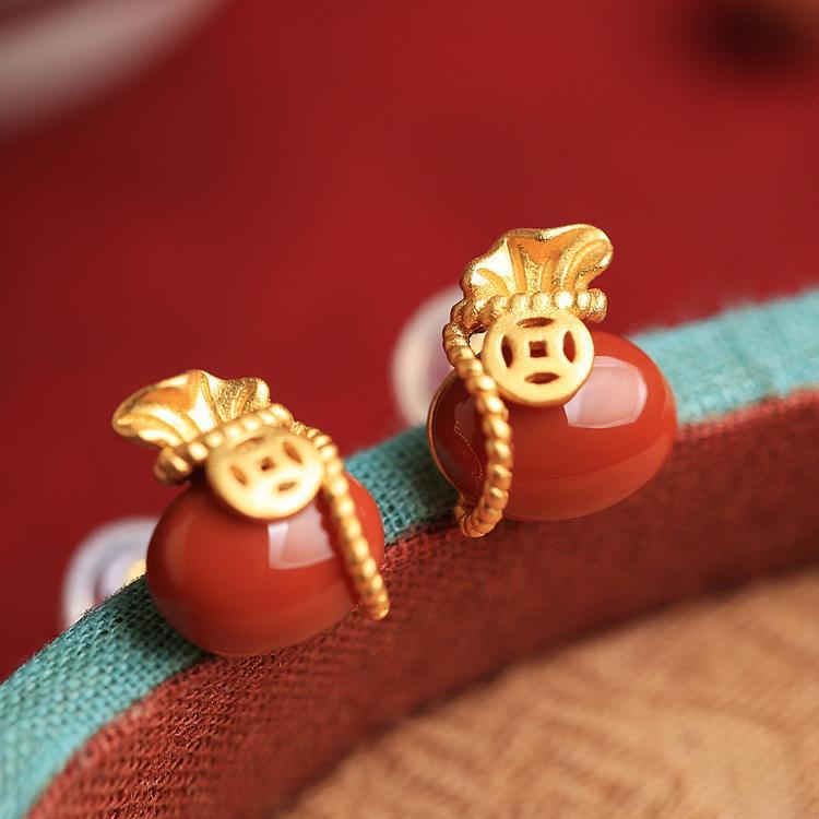 925 sterling silver south red agate earrings - golden
