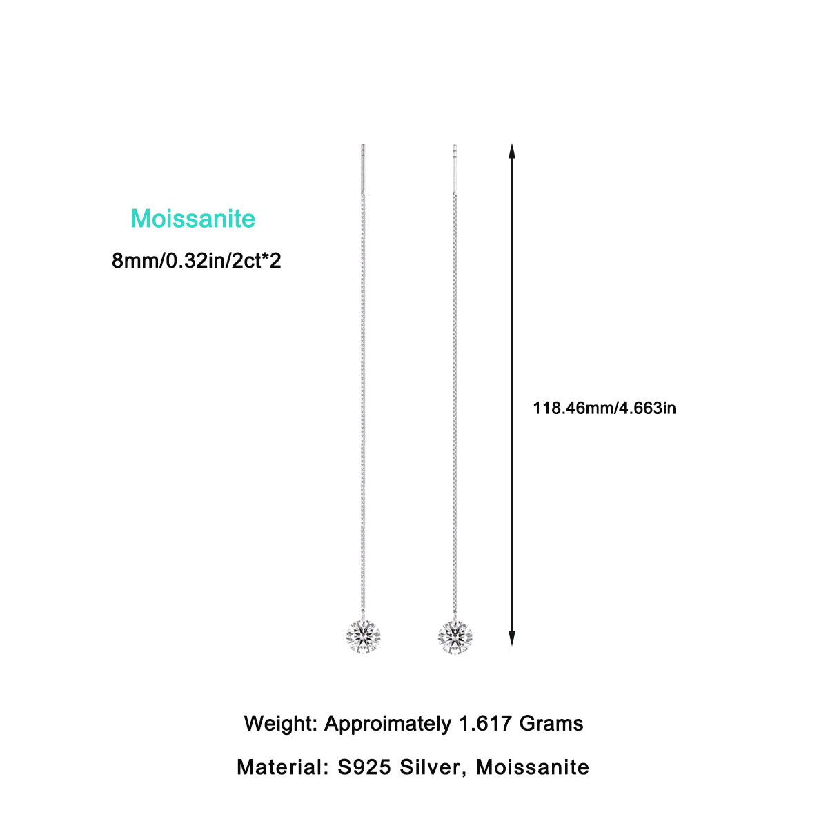 S925 Sterling Silver Moissanite Long Threader Earrings
